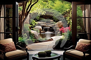 patio with view of lush garden or waterfall