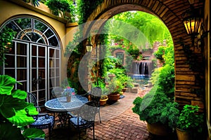 patio with view of lush garden or waterfall