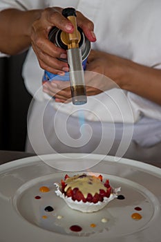 Patissier or chef burning creme brulee photo