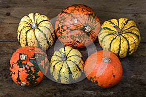 Patisson pumpkin lay on table outdoor background