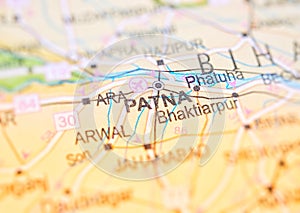 Patna on a map of India with blur effect