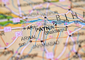 Patna on a map of India with blur effect