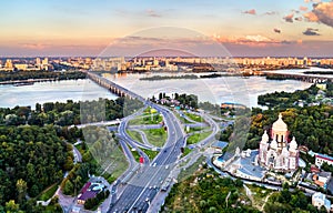 Paton Bridge and a church in Kiev, Ukraine