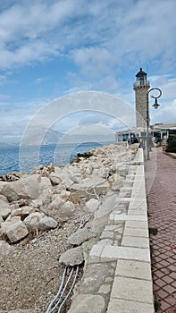 patra lighthouse greece ionio sea in sunny winter day