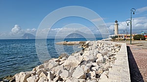 patra lighthouse greece ionio sea in sunny winter day