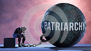 Patriarchy and an alienated suffering human. A metaphor showing Patriarchy as a huge prisoner's ball bringing pain and k photo