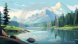 Patrick Brown Style Digital Illustration: Lake, Hills, And Mountains Wallpaper
