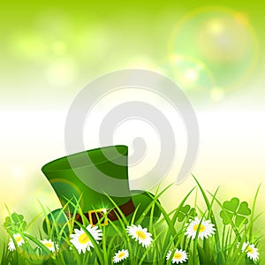 Patrick Day Green Nature Background with Leprechaun Hat