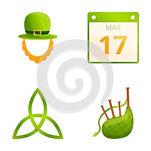 Patrick day icons set cartoon vector. Various attribute of saint patrick day