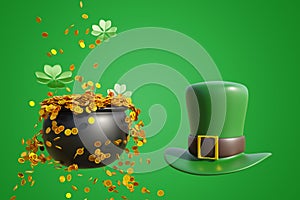 Patrick day. Iron cauldron full of gold coins and a leprechaun hat on an isolated background. 3d rendering