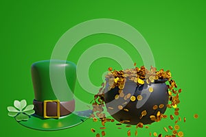 Patrick day. Leprechaun hat cauldron with iron pot full of gold coins isolated on green background.3d rendering