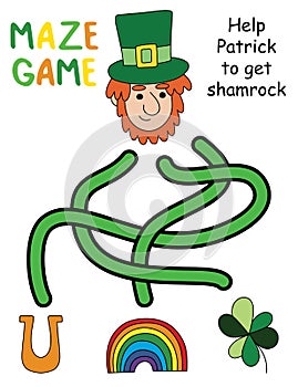 Patrick day maze game activity page for kids vector illustration