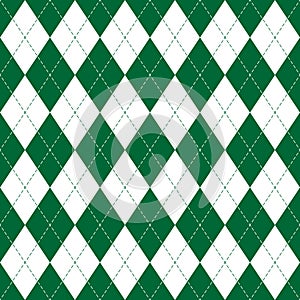 Patrick Day pattern. Argyle seamless design in green and white. Classic stitched rhombus plaid for socks, sweater, jumper, gift.