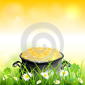 Patrick Day on Yellow Nature Background with Leprechauns Gold