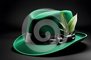 Patrick hat adorned with green leaves, vivid green tones dominate the composition, subject centered