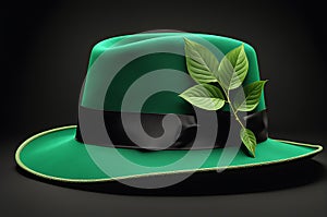Patrick hat in emerald green accented with verdant leaves, isolated against a monochrome green backdrop