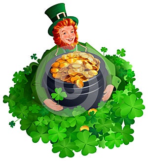 Patrick man among clover leaves holding big pot of gold coins. Four leaf clover great luck find treasure
