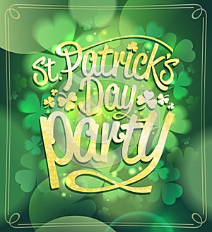 Patrick\'s Day party vector poster template with green clover backdrop