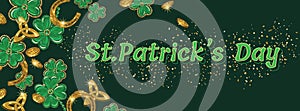 Patricks Day header, banner with clover, horseshoe