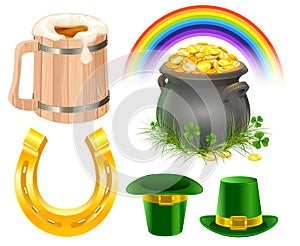 Patricks Day Symbols. Mug of irish beer, rainbow, leprechaun hat, pot coins, golden horseshoe