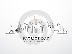 Patriot Day 9-11 banner. New York skyline view September 11, 2001.