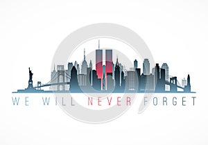 Patriot Day banner. New York city skyline with Twin Towers.