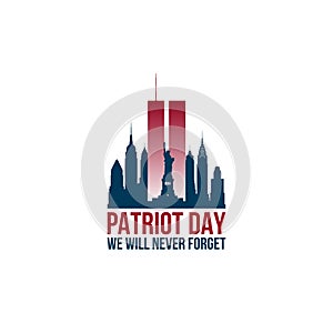 Patriot Day card with Twin Towers and phrase We will never forget. photo