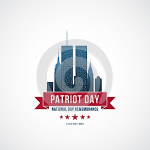 Patriot Day concept design with Twin Towers, red ribbon and text We Will Never forget.