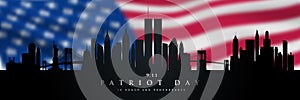 Patriot day design with American blurred flag and panorama New York City skyline.