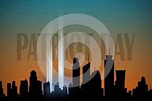 Patriot Day. New York city skyline with spotlights pointing up into the sky