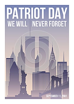Patriot Day poster with New York skyline,Twin Towers and phrase We will never forget.