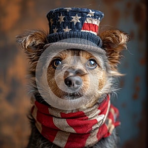Patriot dog wearing a US flag scarf isolated on white transparent, USA presidential election