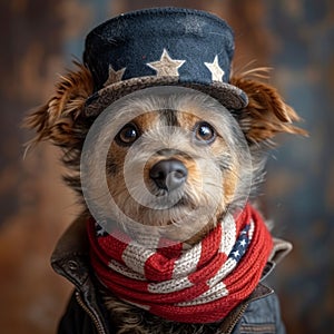 Patriot dog wearing a US flag scarf isolated on white transparent, USA presidential election