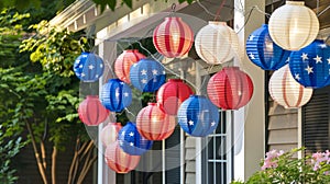 Patriotic American Flag Colored Lanterns Decorating Suburban Home