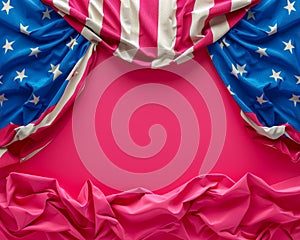 Patriotic American Flag Drapery on Pink Background Festive USA Independence Day Border Design with Copy Space
