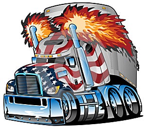 Patriotic American Flag Semi Truck Tractor Trailer Big Rig Cartoon Isolated Vector Illustration