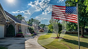 Patriotic American Flag Waving in Suburban Home Garden