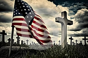 Patriotic, US flags and headstones at National cemetery- Memorial Day display