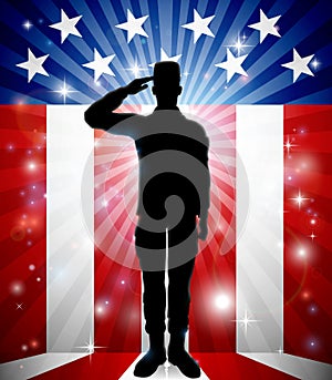 Patriotic American Soldier Saluting Flag