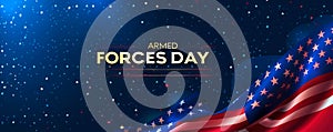 Patriotic Armed Forces Day banner featuring an elegant American flag with stars and stripes, against a starry night sky