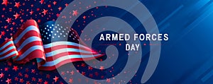Patriotic Armed Forces Day banner featuring an elegant American flag with stars and stripes, against a starry night sky