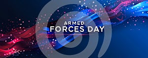 Patriotic Armed Forces Day banner featuring an elegant American flag with stars and stripes, against a starry night sky