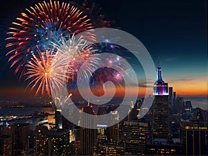 A patriotic atmosphere with fireworks and US flag in front of city skyline