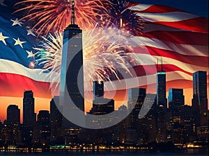 A patriotic atmosphere with fireworks and US flag in front of city skyline