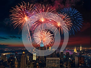 A patriotic atmosphere with fireworks and US flag in front of city skyline