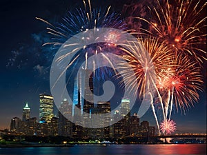 A patriotic atmosphere with fireworks and US flag in front of city skyline