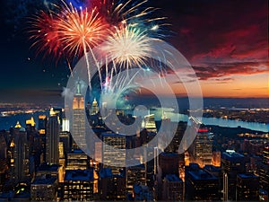 A patriotic atmosphere with fireworks and US flag in front of city skyline