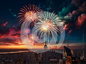 A patriotic atmosphere with fireworks and US flag in front of city skyline