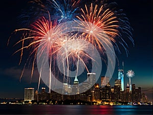 A patriotic atmosphere with fireworks and US flag in front of city skyline