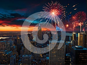 A patriotic atmosphere with fireworks and US flag in front of city skyline